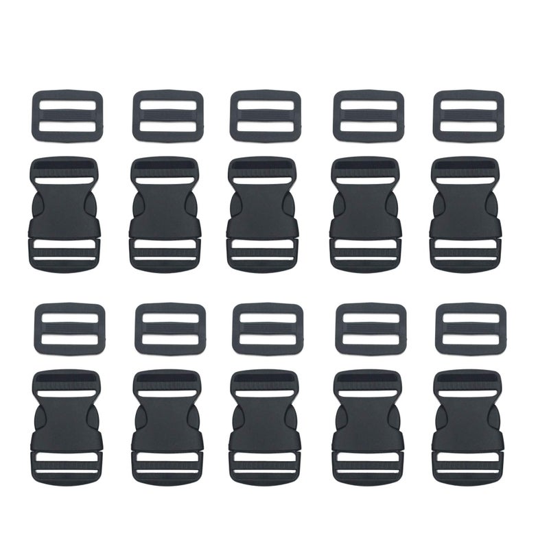 EesTeck 10 Set 1 Inch Flat Dual Adjustable Plastic Quick Side Release Plastic Buckles and Tri-glide Slides for Luggage Straps Pet Collar Backpack Repairing (Black, Fit For 1â€/25mm Webbing Straps) - Image 1